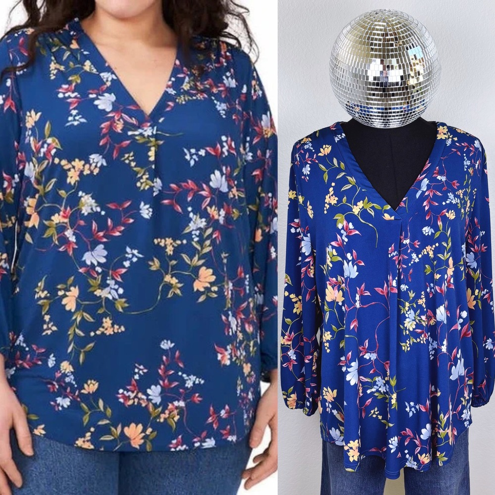 Vince Camuto Blue Floral V Neck Blouse, Women's Large, Long Sleeve